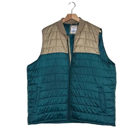 Sonoma MENS XXL green + tan color block quilted puffer vest with pockets - Picture 2 of 5